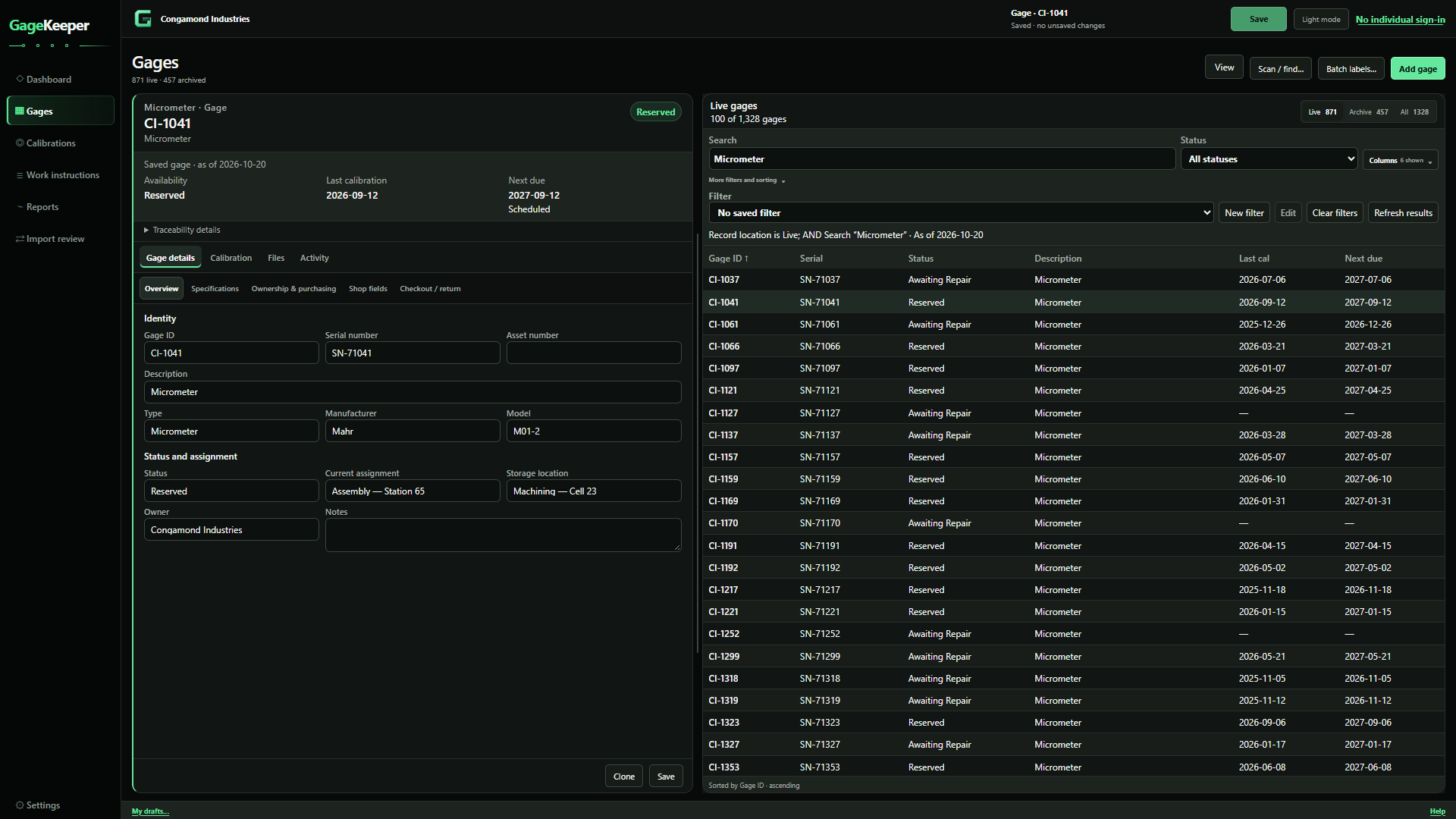 GageKeeper showing a micrometer’s details beside a searchable list of sample gages.