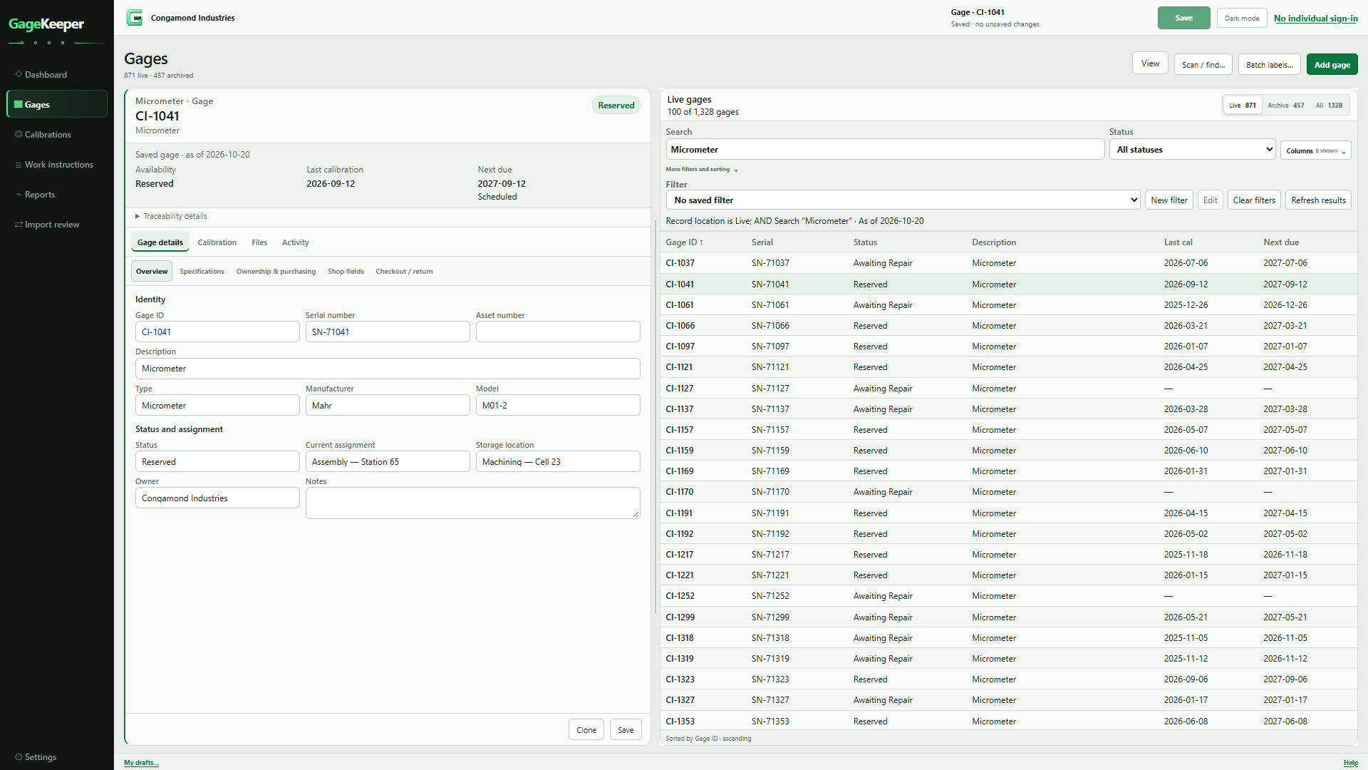 GageKeeper showing a micrometer’s details beside a searchable list of sample gages.